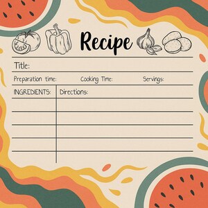 Modèle de carte de recette végétarienne rustique - feuille de cuisine imprimable en noir et blanc - cadeau de cuisine modifiable minimal - téléchargement immédiat