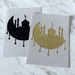 Pacote com 2 cartões de felicitações Eid – Silhueta elegante de mesquita preta e dourada feita à mão