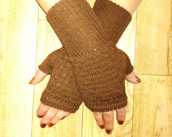 Turkish Brown Knit Wrist warmers, Fingerless Gloves, Aesthetically Pleasing, Cotton, Bamboo, Elastic Nylon