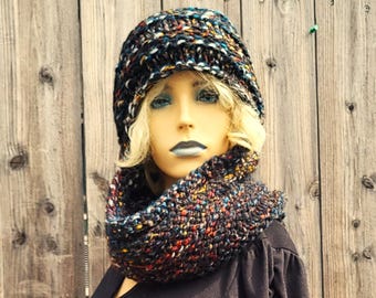 Hand Knit Cowl Hat, Balaclava, Oil Slick Cossack Style Headwarmer