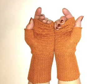 Pumpkin Knit Wrist warmers, Fingerless Gloves, Aesthetically Pleasing, Cotton, Bamboo, Elastic Nylon, No Wool