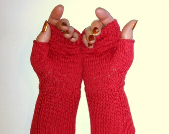 Really red Knit Wrist warmers, Fingerless Gloves, Aesthetically Pleasing, Cotton, Bamboo, Elastic Nylon, No Wool