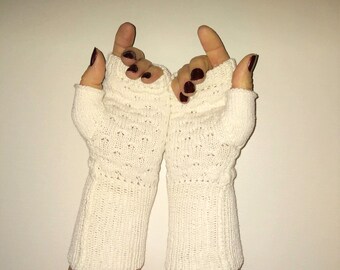 White Knit Wrist warmers, Fingerless Gloves, Aesthetically Pleasing, Cotton, Bamboo, Elastic Nylon, No Wool