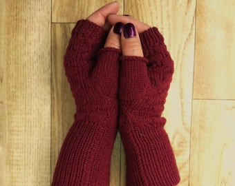 Burgundy Knit Wrist warmers, Fingerless Gloves, Aesthetically Pleasing, Cotton, Bamboo, Elastic Nylon, No Wool