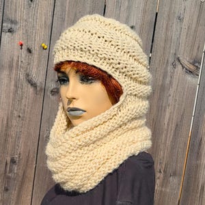 Hand Knit Baby Llama, Tussah Silk Cowl Hat, Balaclava, Creamy White Cossack Style Headwarmer