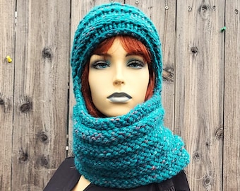 Hand Knit Cowl Hat, Balaclava, Blue Lagoon Cossack Style Headwarmer
