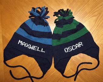 Personalized Knit Striped Ear Flap Hat: Custom Winter Hat