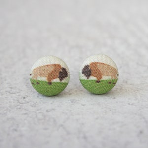 May include: A pair of stud earrings featuring a brown and white bison on a green background.