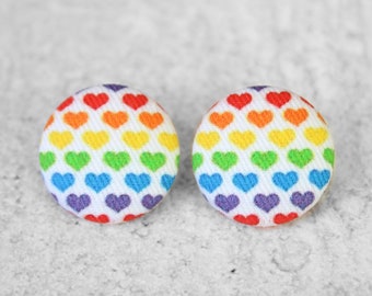 Bold 7/8 Inch Rainbow Hearts Fabric Button Earrings Nickel-Free Titanium Posts