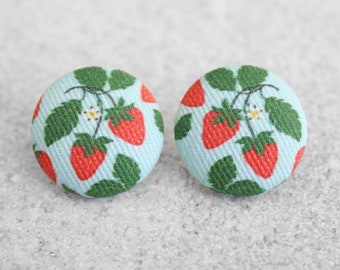 Bold 7/8 Inch Strawberry Patch Fabric Button Earrings Nickel-Free Titanium Posts