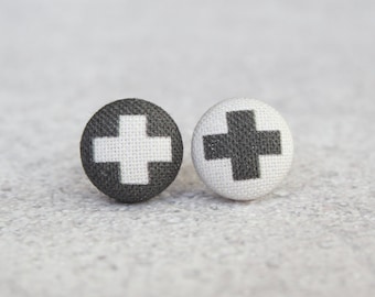 Swiss Cross Fabric Button Earrings