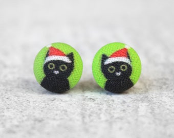 Christmas Kittens Fabric Button Earrings