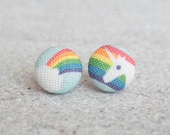 Rainbow Unicorn Fabric Button Earrings