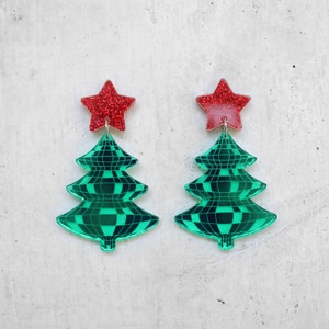 Disco Ball Christmas Tree Laser Cut Acrylic Mirror Glitter Earrings Hypoallergenic Titanium Posts