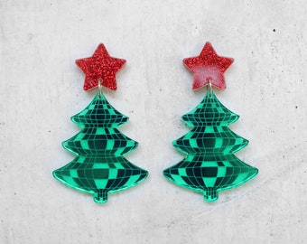 Disco Ball Christmas Tree Laser Cut Acrylic Mirror Glitter Earrings Hypoallergenic Titanium Posts