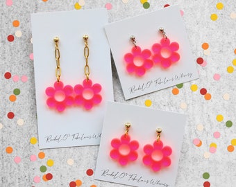 Neon Pink Retro Daisy Acrylic Charm Earrings, Choose Your Style