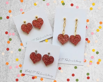 Pink Glitter Heart Acrylic Charm Earrings, Choose Your Style