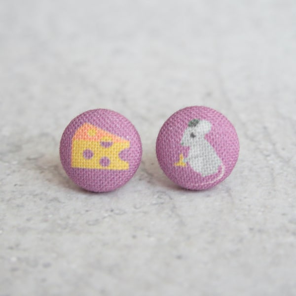 Mouse and Cheese Fabric Button Earrings