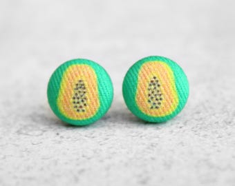 Papaya Fabric Button Earrings Hypoallergenic Titanium Posts