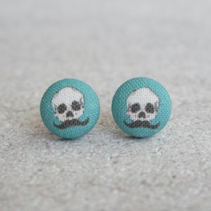 Blue Skull with Mustache Fabric Button Earrings