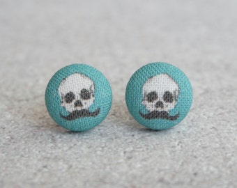 Blue Skull with Mustache Fabric Button Earrings