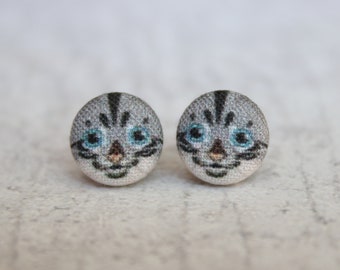 Gray Tabby Cats Fabric Button Earrings