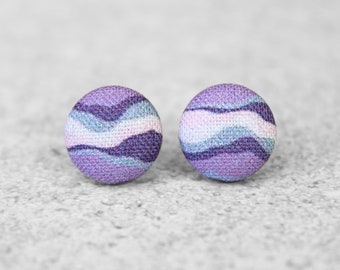 Purple Waves Fabric Button Earrings Hypoallergenic Titanium Posts