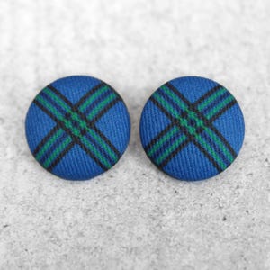 Bold 7/8 Inch Blue Plaid Fabric Button Earrings Nickel-Free Titanium Posts