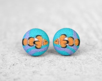 Clownfish Fabric Button Earrings Hypoallergenic Titanium Posts