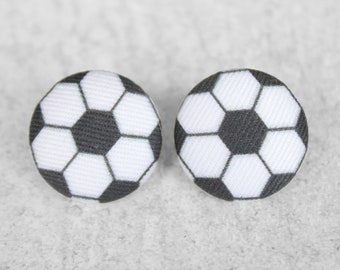 Bold 7/8 Inch Soccer Ball Earrings Fabric Button Earrings Nickel-Free Titanium Posts