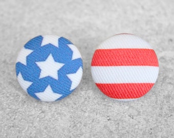 Bold 7/8 Inch USA American Flag Fabric Button Earrings Nickel-Free Titanium Posts