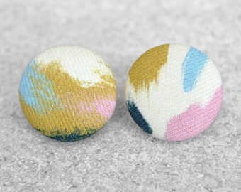 Bold 7/8 Inch Brush Strokes Fabric Button Earrings Nickel-Free Titanium Posts