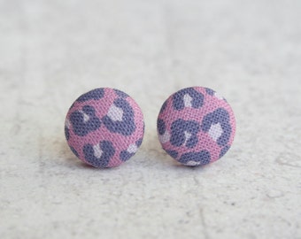 Purple Leopard Fabric Button Earrings