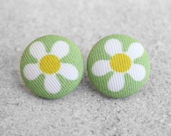 Bold 7/8 Inch Spring Daisies Fabric Button Earrings Nickel-Free Titanium Posts