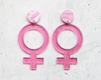 Feminist Dangle Earrings Laser Cut Translucent Pink Acrylic