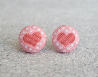 Polka Dot Hearts Fabric Button Earrings