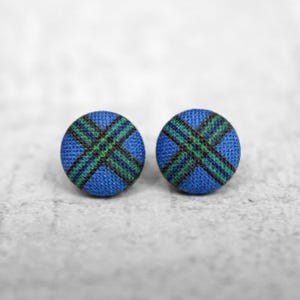 Blue Plaid Fabric Button Earrings Hypoallergenic Titanium Posts