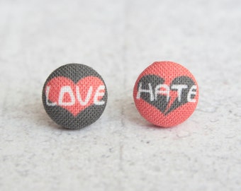 Love Hate Fabric Button Earrings