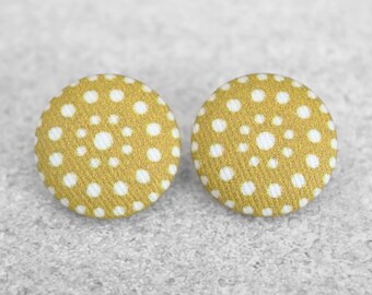 Bold 7/8 Inch Mustard Dots Fabric Button Earrings Nickel-Free Titanium Posts