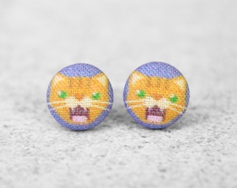 Screaming Orange Cat Fabric Button Earrings Hypoallergenic Titanium Posts