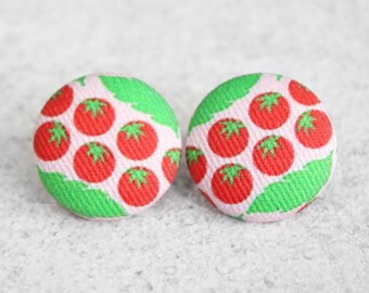Bold 7/8 Inch Cherry Tomatoes Fabric Button Earrings Nickel-Free Titanium Posts