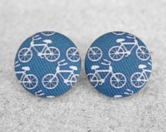 Bold 7/8 Inch Tiny Navy Bikes Fabric Button Earrings Nickel-Free Titanium Posts