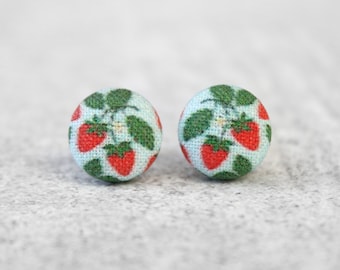 Strawberry Patch Fabric Button Earrings