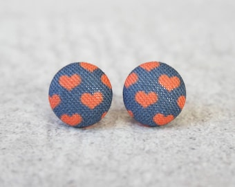 Tiny Red Hearts on Navy Fabric Button Earrings