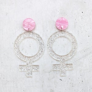 Feminist Dangle Earrings Laser Cut Clear Glitter Acrylic