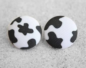 Bold 7/8 Inch Cow Print Fabric Button Earrings Nickel-Free Titanium Posts