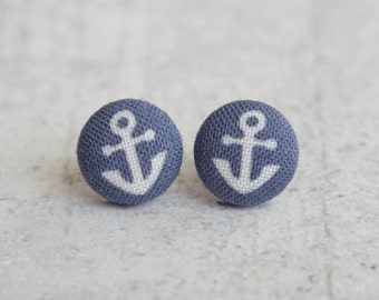 Tiny Anchors, Fabric Button Earrings