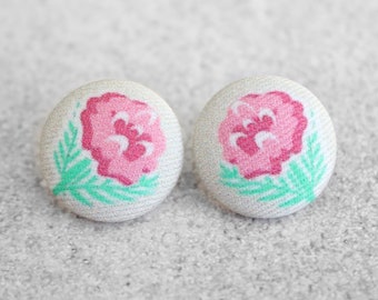 Bold 7/8 Inch Faded Rose Fabric Button Earrings Nickel-Free Titanium Posts