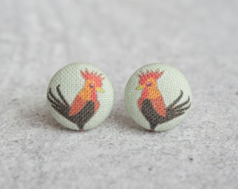 Rooster Fabric Button Earrings
