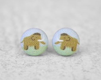 Wooly Mammoth Fabric Button Earrings Hypoallergenic Titanium Posts
